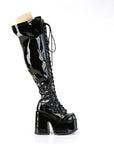 Demonia CAMEL-300WC | Blk Stretch Pat. Leather Above Knee Boots