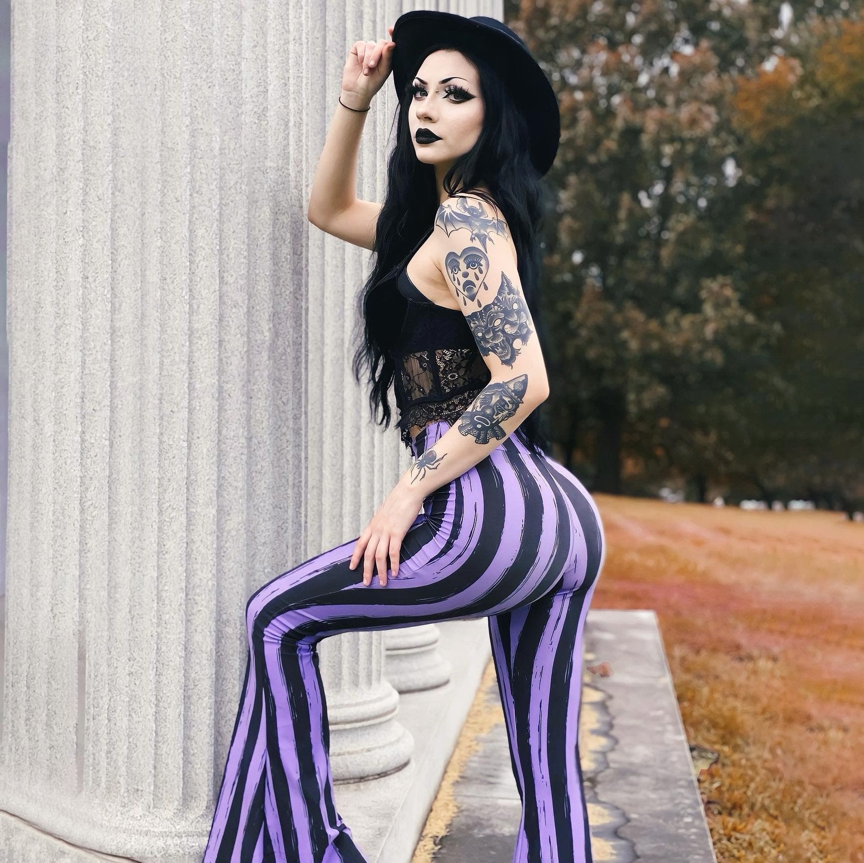 Womens Leggings Micro Slant Skirt Gothic Punk Pants Lace Up Bell Bottom