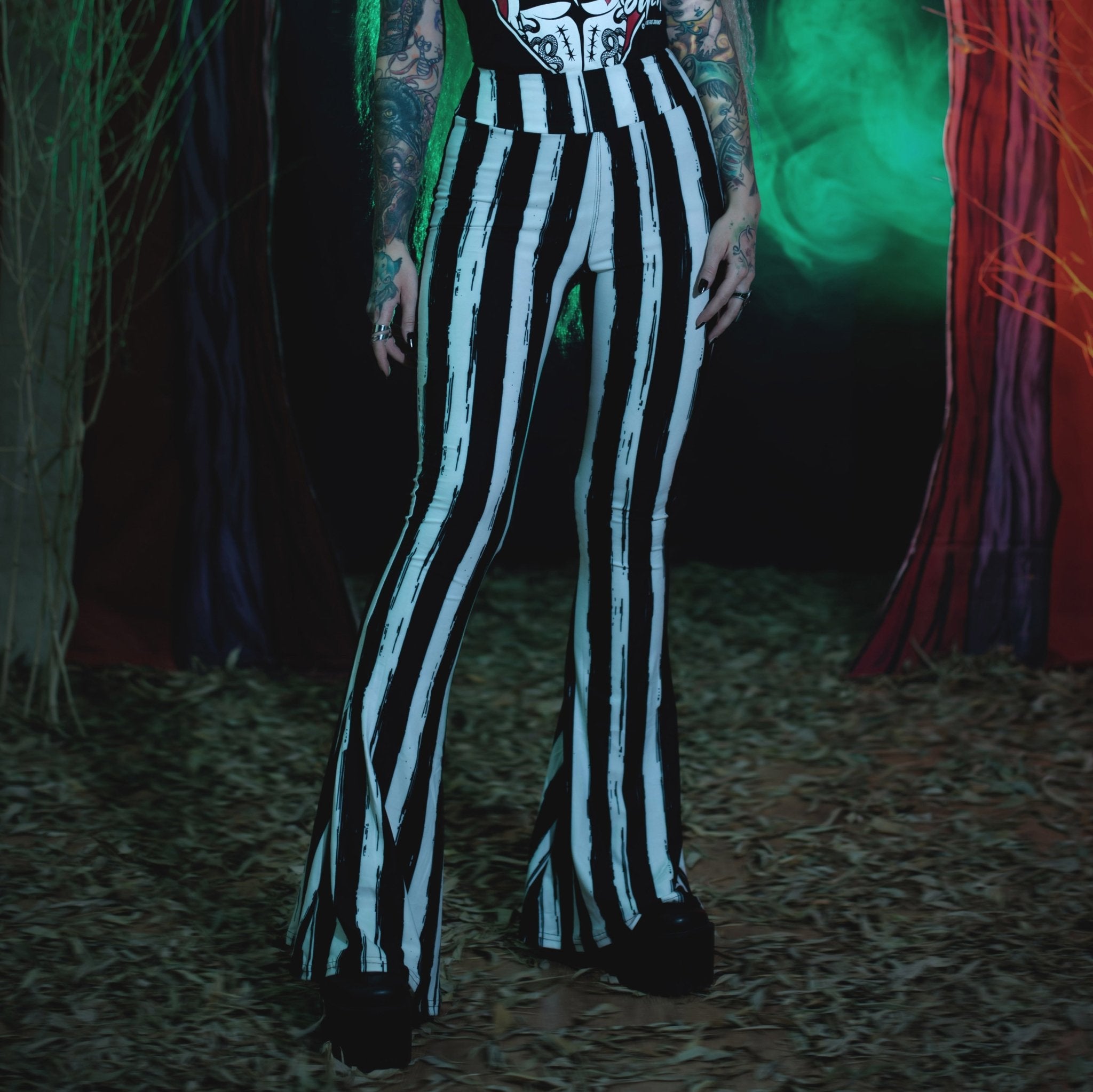 Too Fast | Hellz Bellz Flares | Distressed Black &amp; White Striped