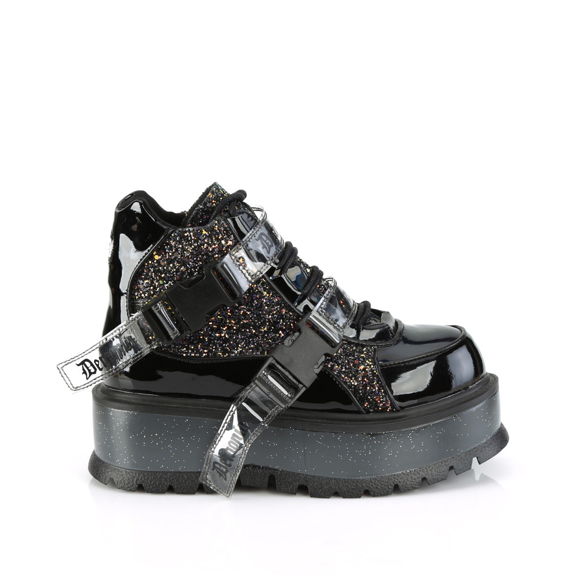 Demonia SLACKER-50 | Black Patent Leather &amp; Glitter Ankle Boots