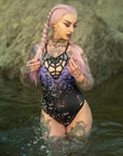 Too Fast | Bats Fly at Dawn Purple Sky Web Caged One Piece Swimsuit