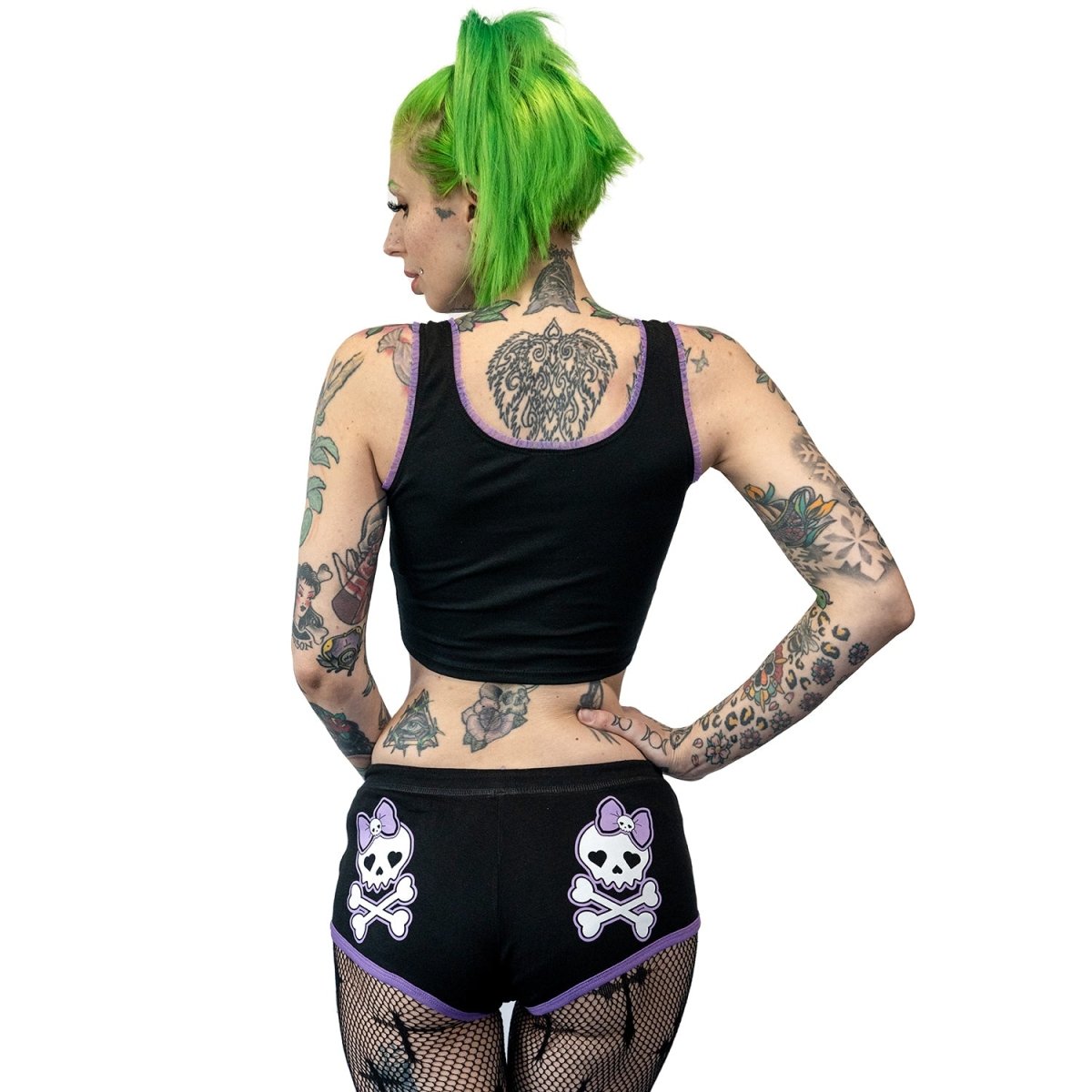 Too Fast | Cute Skull With Bow Purple Trim Short Shorts
