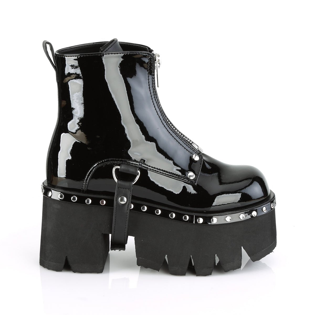 Too Fast | Demonia Ashes 100 | Black Patent Vegan Leather Women&#39;s Ankle Boots