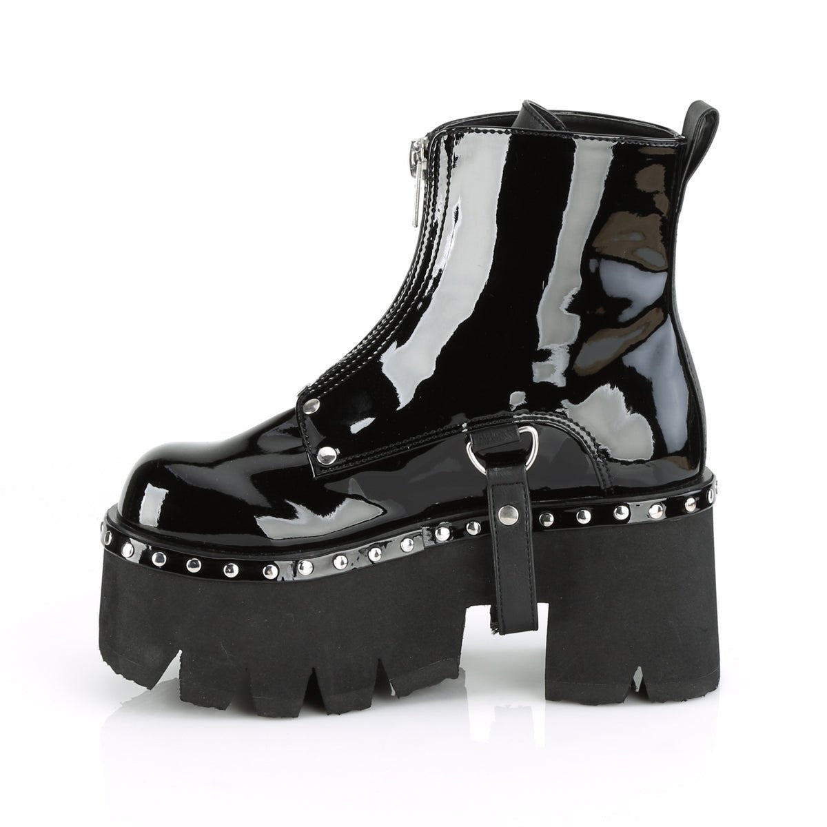 Too Fast | Demonia Ashes 100 | Black Patent Vegan Leather Women&#39;s Ankle Boots