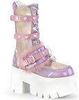 Too Fast | Demonia Ashes 120 | Baby Pink Holographic Patent Women's Mid Calf Boots