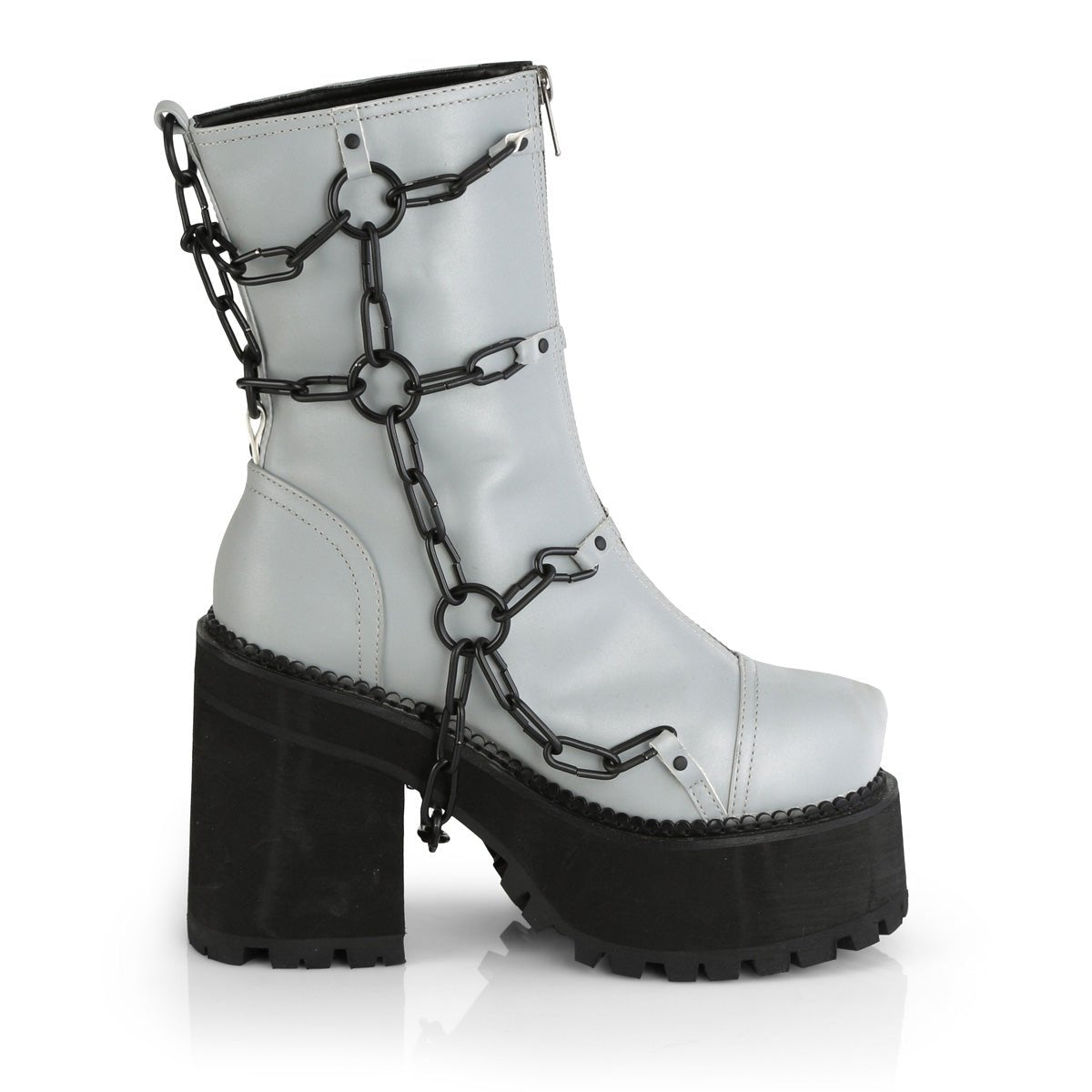 Too Fast | Demonia Assault 66 | Grey Reflective Vegan Leather Women&#39;s Ankle Boots