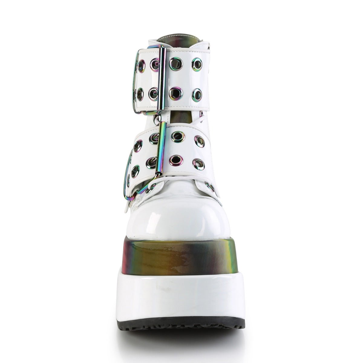 Too Fast | Demonia Bear 104 | White & Rainbow Patent Leather & Rainbow Reflective Women's Ankle Boots