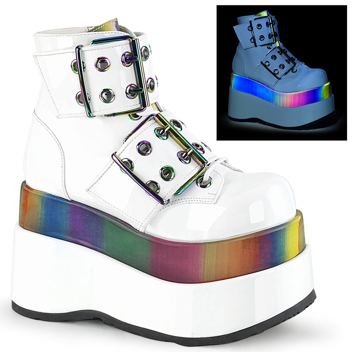 Too Fast | Demonia Bear 104 | White &amp; Rainbow Patent Leather &amp; Rainbow Reflective Women&#39;s Ankle Boots