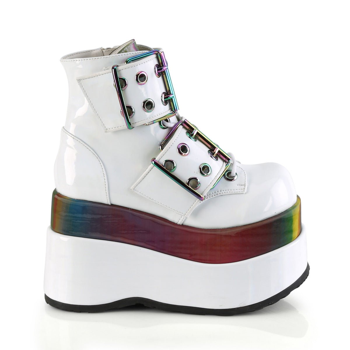 Too Fast | Demonia Bear 104 | White &amp; Rainbow Patent Leather &amp; Rainbow Reflective Women&#39;s Ankle Boots