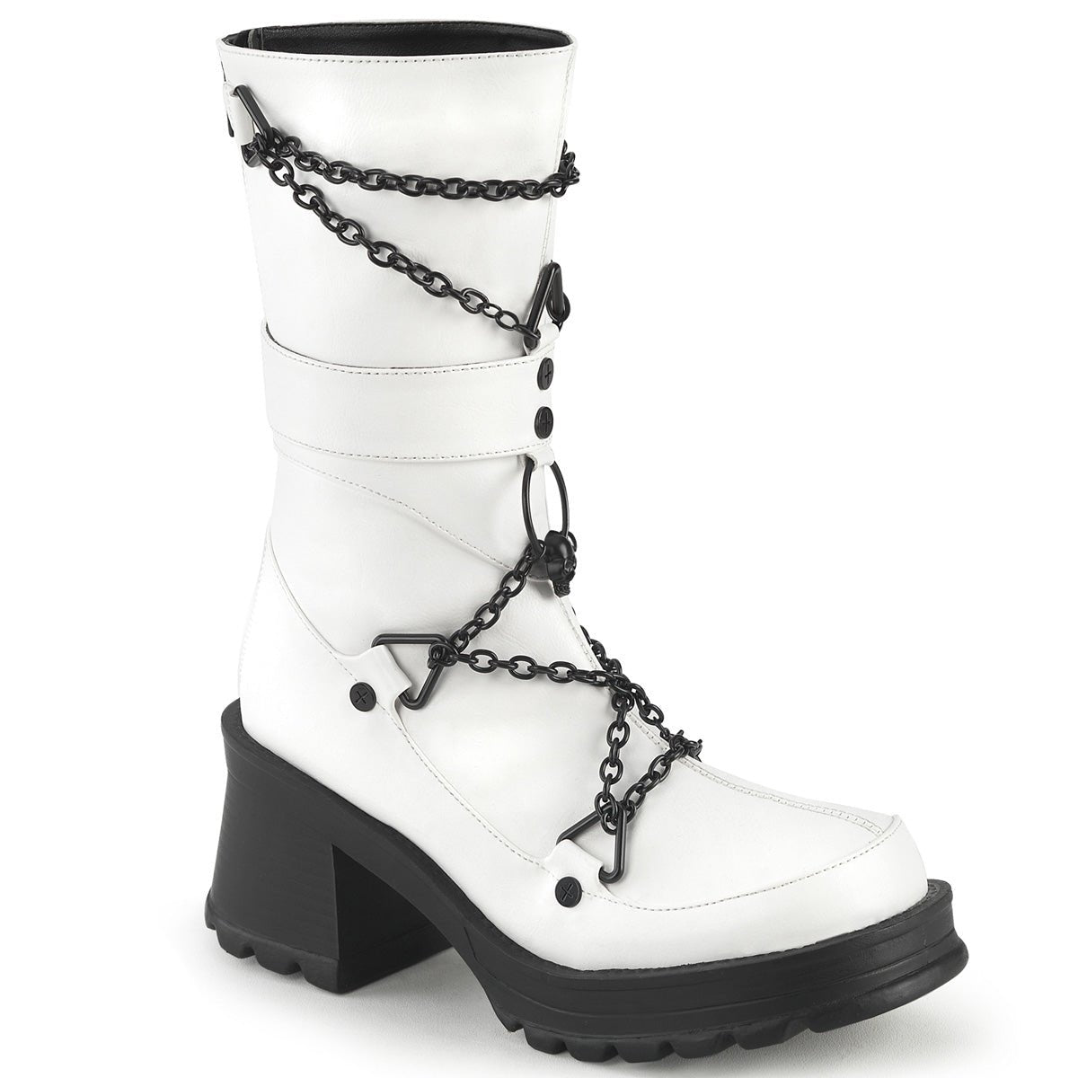 Too Fast | Demonia Bratty 120 | White Vegan Leather Women&#39;s Mid Calf Boots