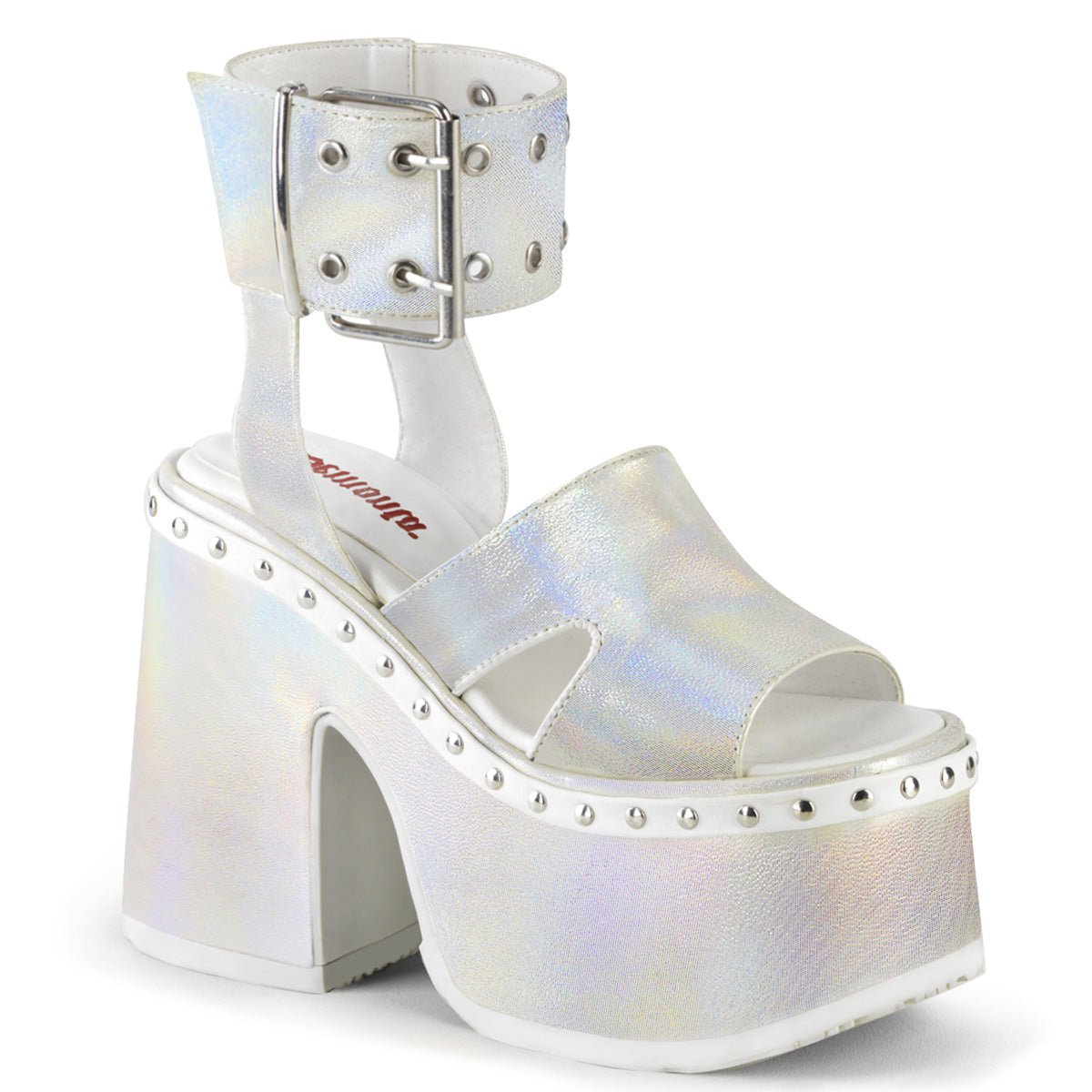Too Fast | Demonia Camel 102 | White Pearlized Hologram Women&#39;s Sandals