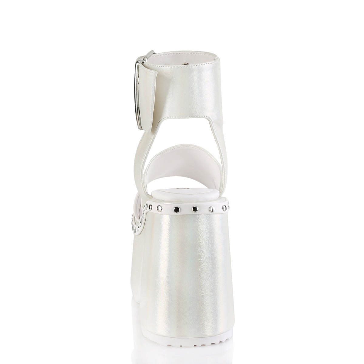 Too Fast | Demonia Camel 102 | White Pearlized Hologram Women&#39;s Sandals