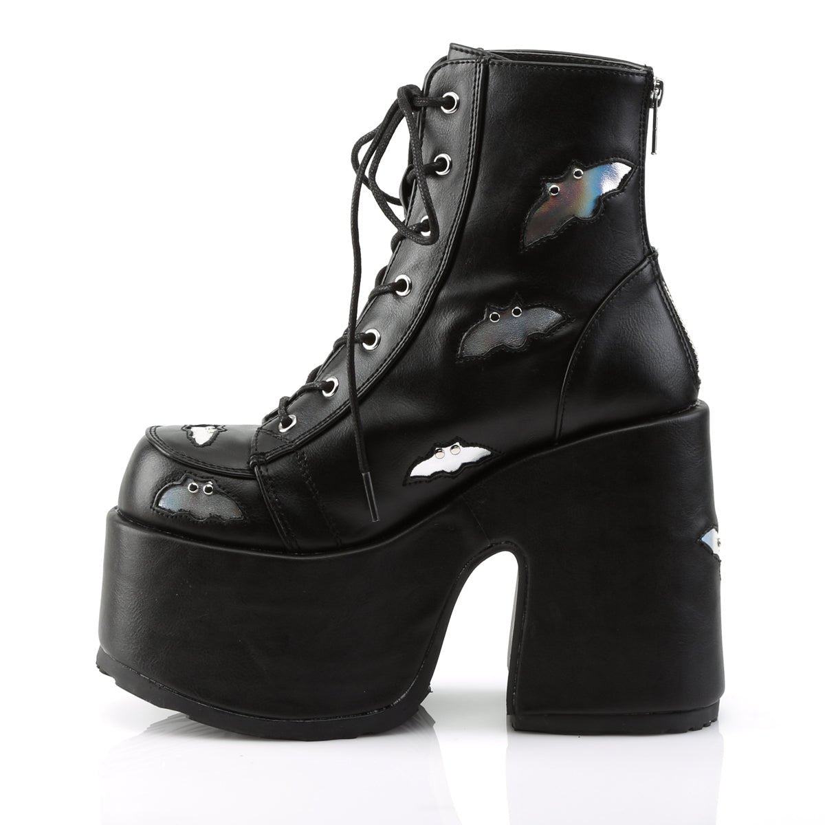 Too Fast | Demonia Camel 201 | Black &amp; Silver Holographic Vegan Leather Women&#39;s Ankle Boots