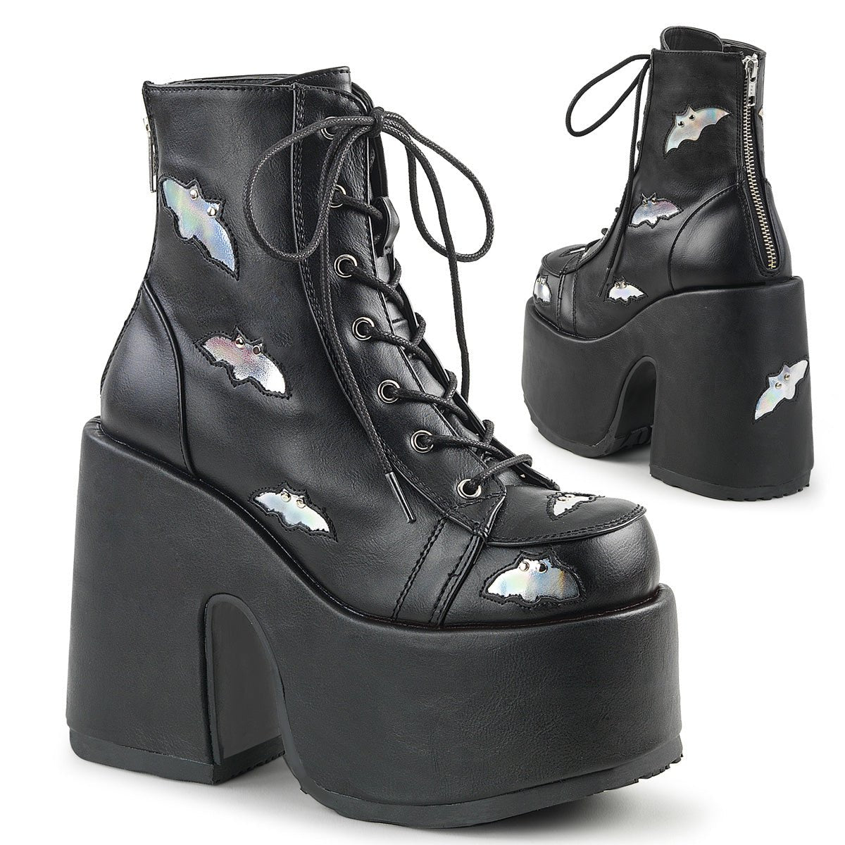 Too Fast | Demonia Camel 201 | Black &amp; Silver Holographic Vegan Leather Women&#39;s Ankle Boots
