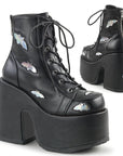 Too Fast | Demonia Camel 201 | Black & Silver Holographic Vegan Leather Women's Ankle Boots