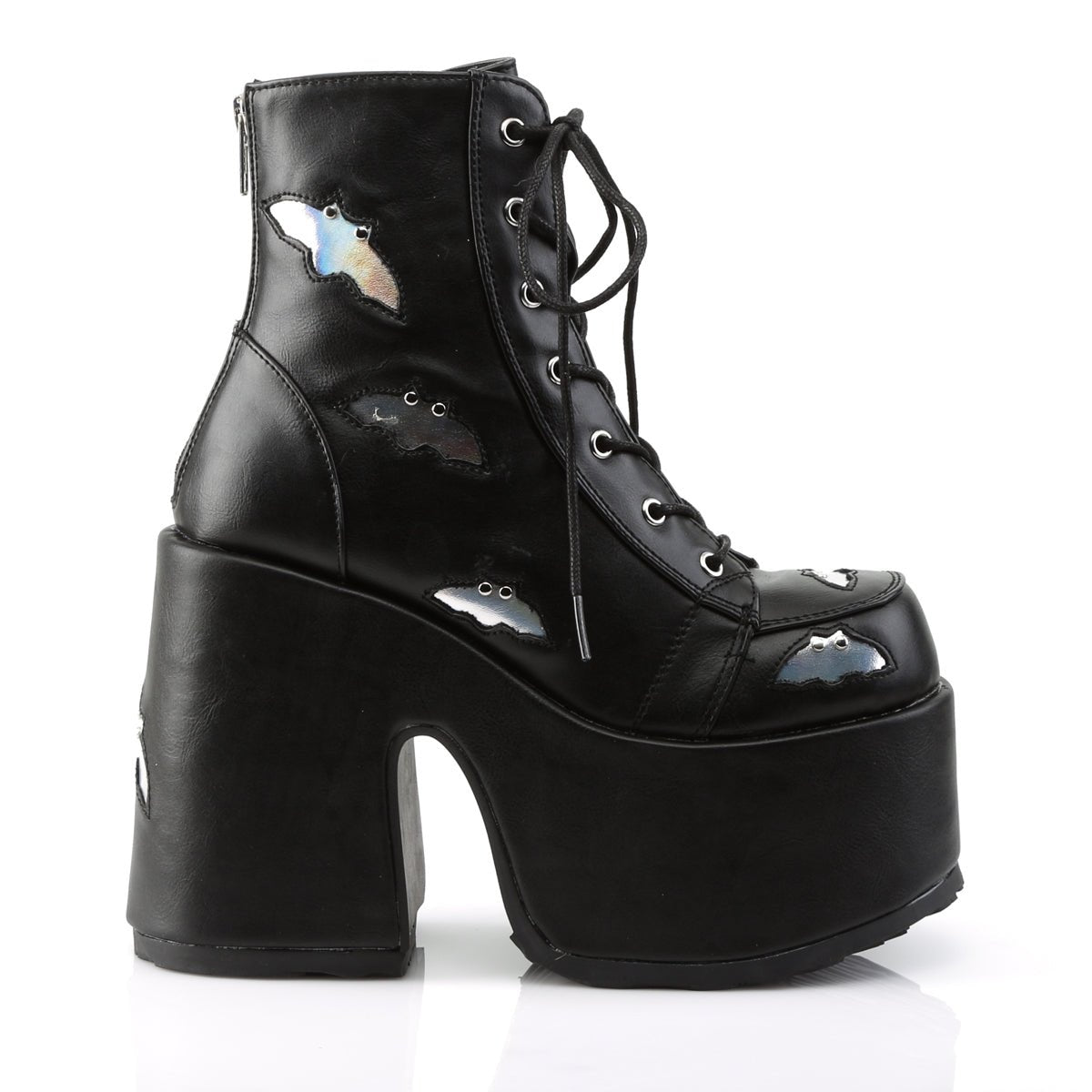 Too Fast | Demonia Camel 201 | Black & Silver Holographic Vegan Leather Women's Ankle Boots