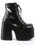 Too Fast | Demonia Camel 201 | Black & Silver Holographic Vegan Leather Women's Ankle Boots