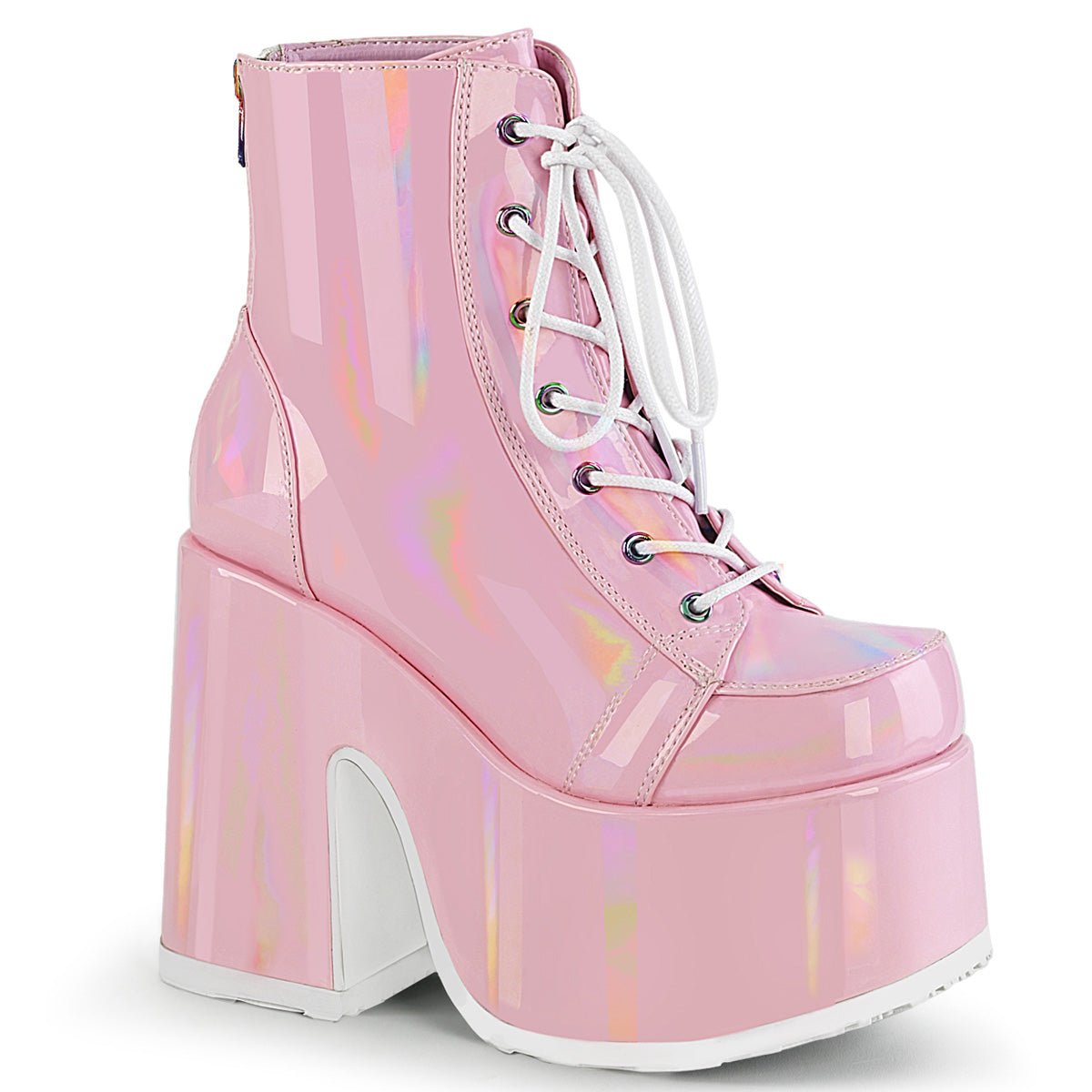 Too Fast | Demonia Camel 203 | Baby Pink Hologram Women's Ankle Boots
