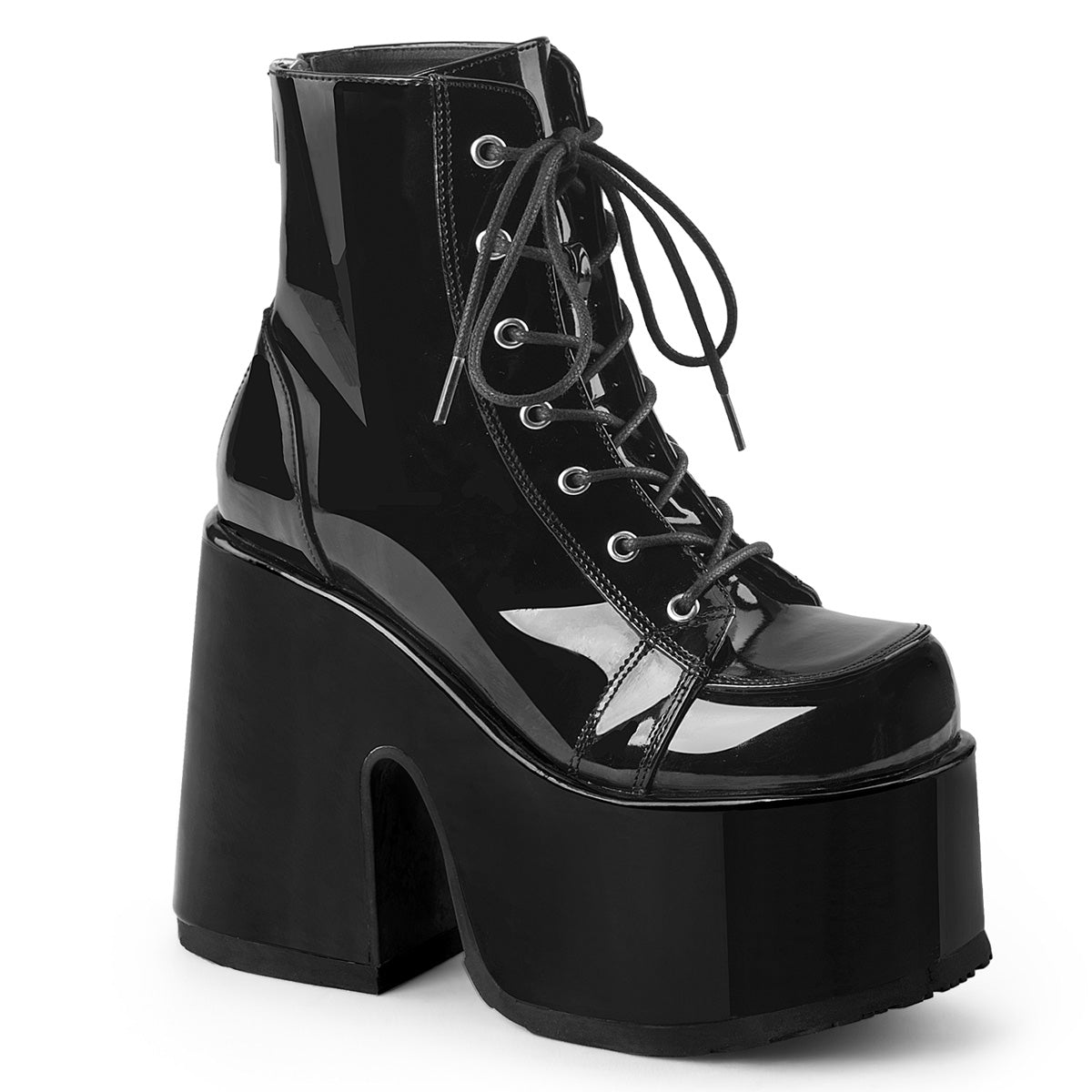 Too Fast | Demonia Camel 203 | Black Patent Leather Women&#39;s Ankle Boots