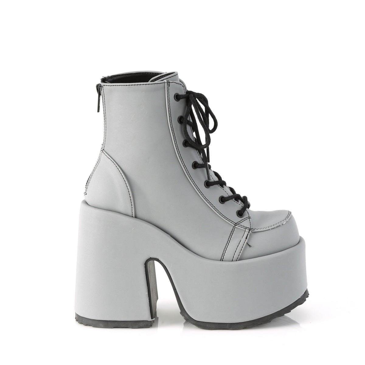 Too Fast | Demonia Camel 203 | Grey Reflective Vegan Leather Women&#39;s Ankle Boots