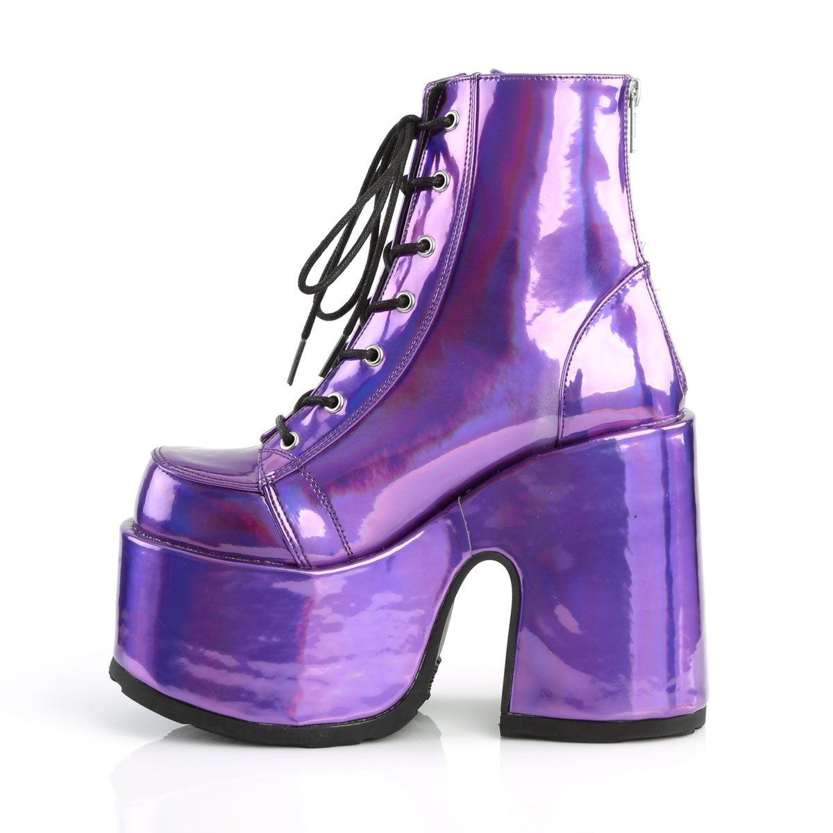 Too Fast | Demonia Camel 203 | Purple Hologram Vegan Leather Women&#39;s Ankle Boots