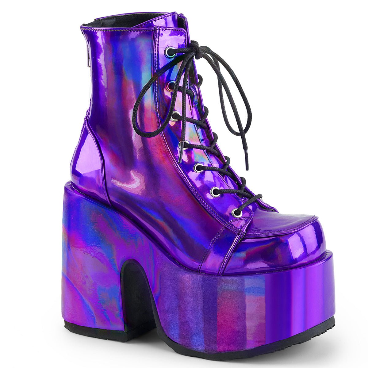 Too Fast | Demonia Camel 203 | Purple Hologram Vegan Leather Women&#39;s Ankle Boots