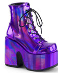 Too Fast | Demonia Camel 203 | Purple Hologram Vegan Leather Women's Ankle Boots