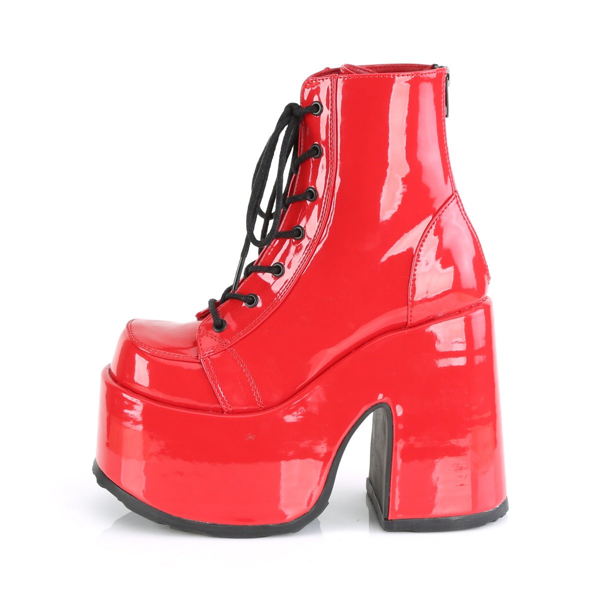 Too Fast | Demonia Camel 203 | Red Patent Leather Women's Ankle Boots