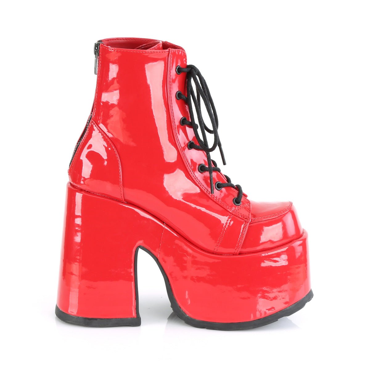 Too Fast | Demonia Camel 203 | Red Patent Leather Women&#39;s Ankle Boots
