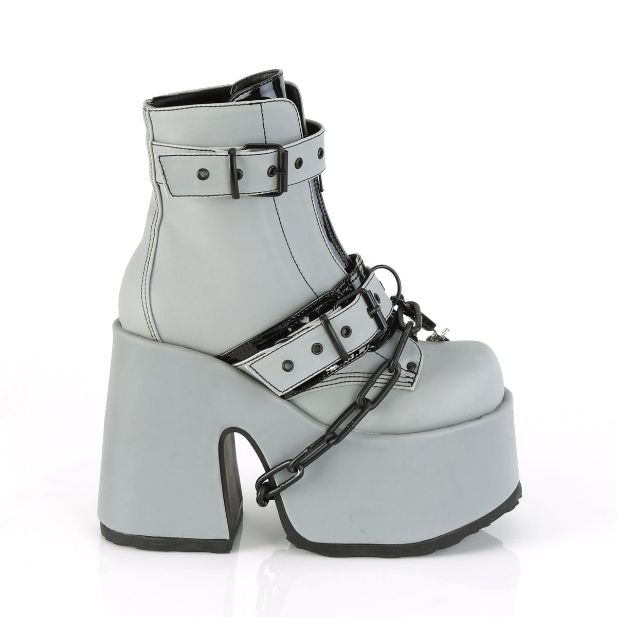 Too Fast | Demonia Camel 205 | Grey Reflective Vegan Leather Women&#39;s Ankle Boots