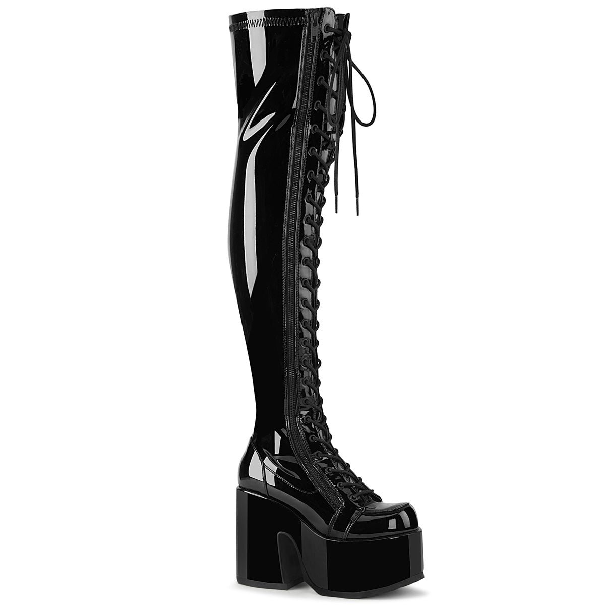 Too Fast | Demonia Camel 300 | Black Stretch Patent Leather Women&#39;s Over The Knee Boots