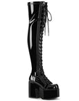 Too Fast | Demonia Camel 300 | Black Stretch Patent Leather Women's Over The Knee Boots