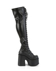 Too Fast | Demonia Camel 300 | Black Stretch Vegan Leather Women's Over The Knee Boots