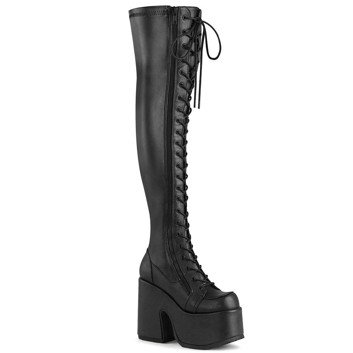 Too Fast | Demonia Camel 300 | Black Stretch Vegan Leather Women&#39;s Over The Knee Boots