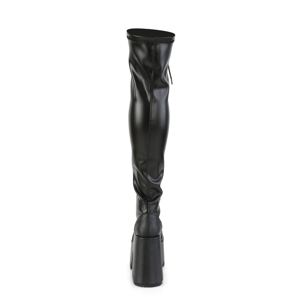 Too Fast | Demonia Camel 300 | Black Stretch Vegan Leather Women&#39;s Over The Knee Boots