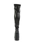 Too Fast | Demonia Camel 300 | Black Stretch Vegan Leather Women's Over The Knee Boots