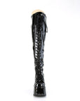Too Fast | Demonia Camel 300 Wc | Black Stretch Patent Leather Women's Over The Knee Boots