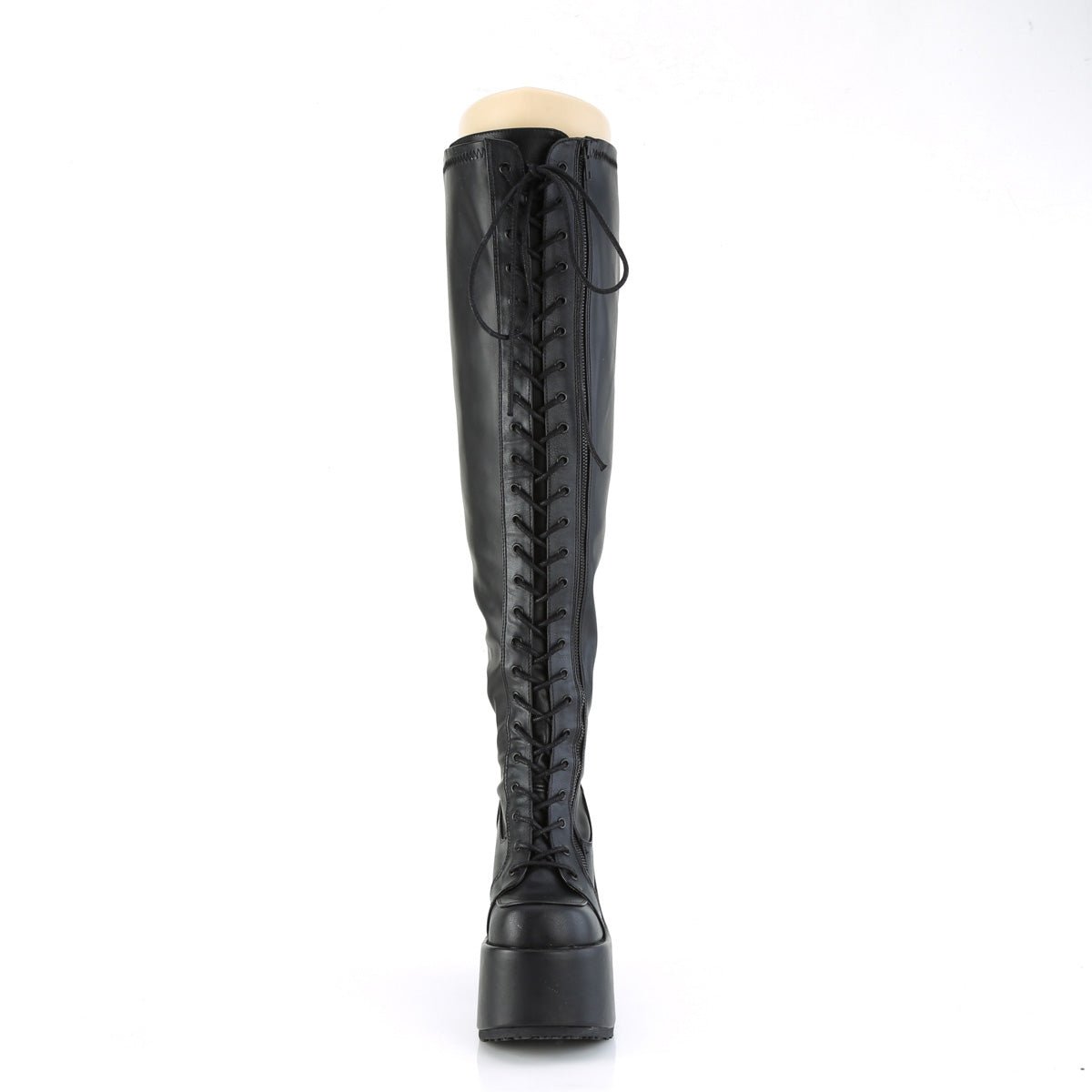 Too Fast | Demonia Camel 300 Wc | Black Stretch Vegan Leather Women&#39;s Over The Knee Boots