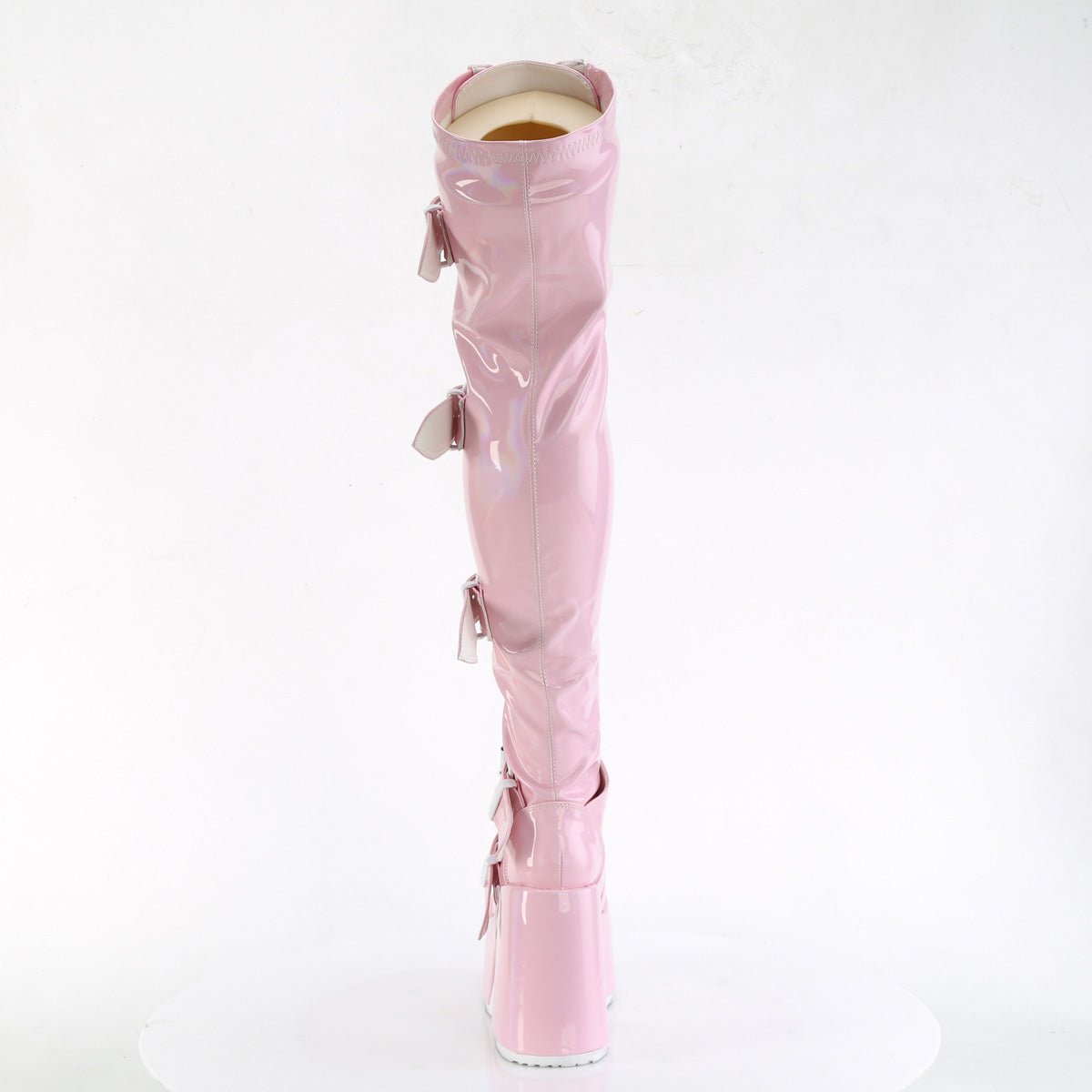 Too Fast | Demonia Camel 305 | Baby Pink Stretch Hologram Women&#39;s Over The Knee Boots