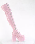 Too Fast | Demonia Camel 305 | Baby Pink Stretch Hologram Women's Over The Knee Boots