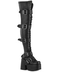 Too Fast | Demonia Camel 305 | Black Stretch Vegan Leather Women's Over The Knee Boots