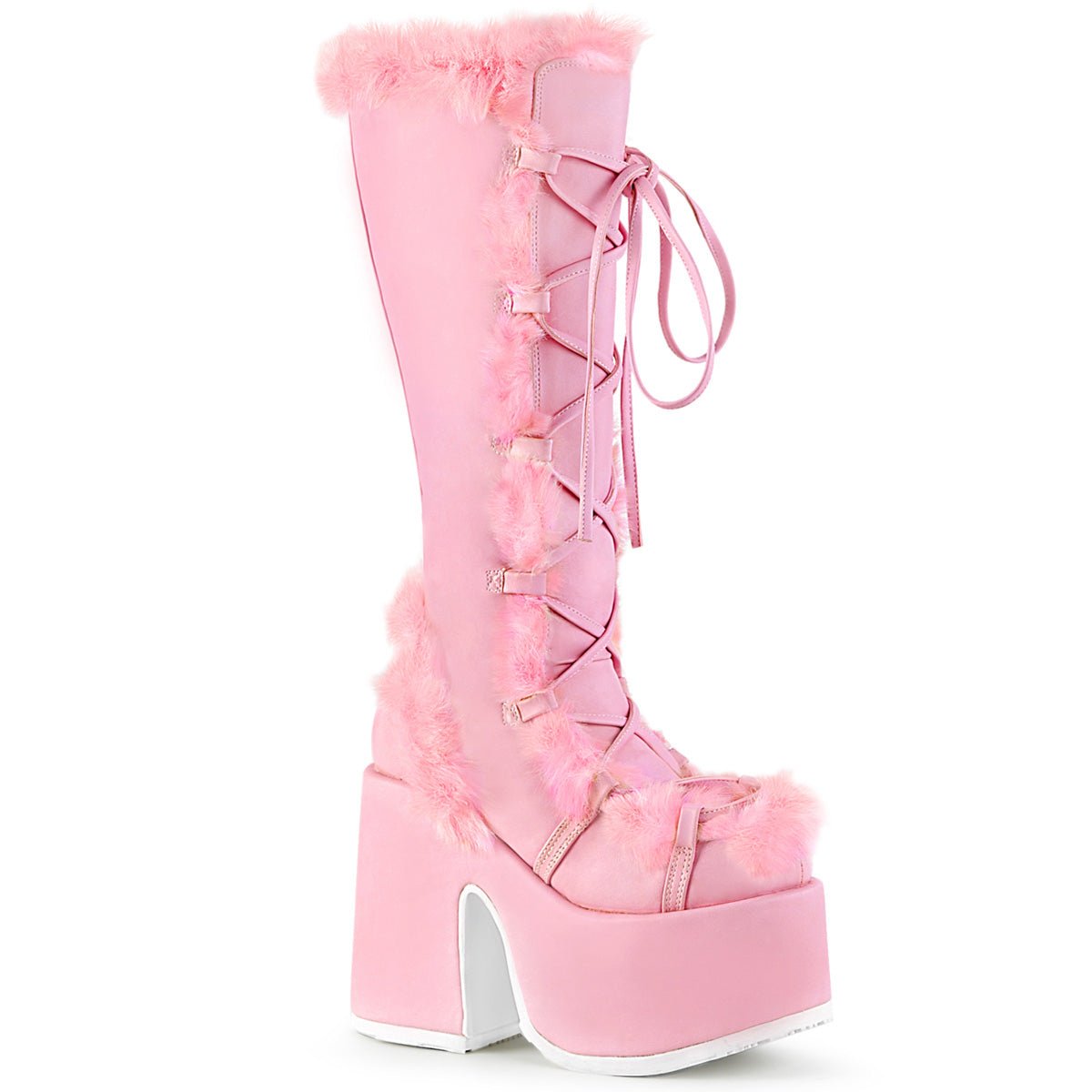 Too Fast | Demonia Camel 311 | Pastel Pink Vegan Leather Women&#39;s Knee High Boots