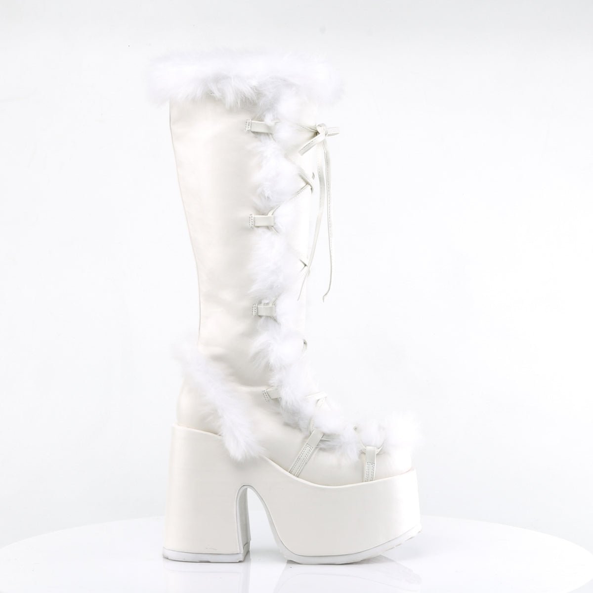 Too Fast | Demonia Camel 311 | White Vegan Leather Women&#39;s Knee High Boots