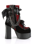 Too Fast | Demonia Charade 110 | Black & Red Vegan Leather, Velvet & Fishnet Overlay Women's Ankle Boots