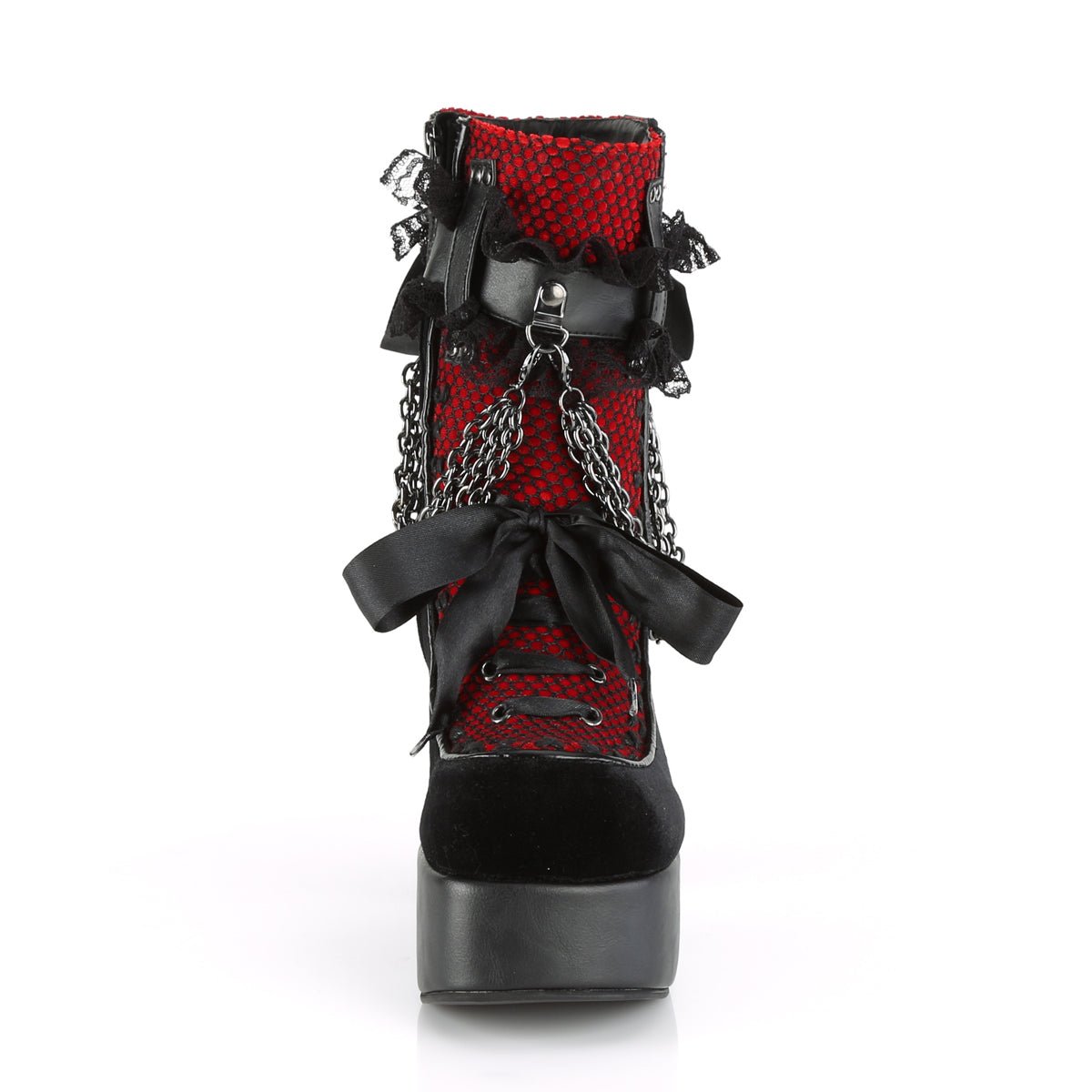 Too Fast | Demonia Charade 110 | Black &amp; Red Vegan Leather, Velvet &amp; Fishnet Overlay Women&#39;s Ankle Boots