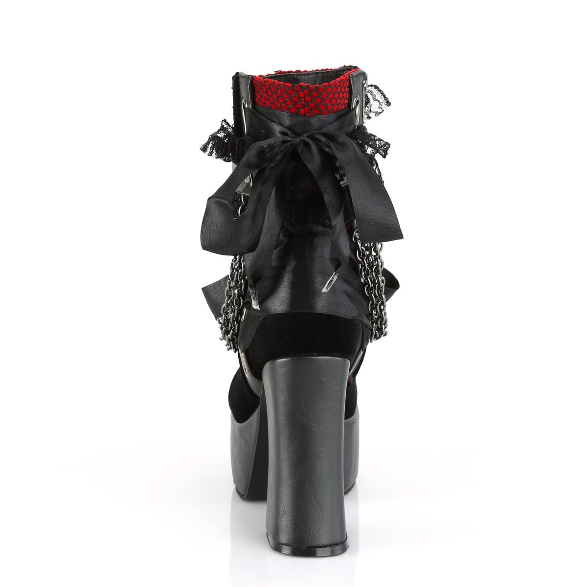 Too Fast | Demonia Charade 110 | Black &amp; Red Vegan Leather, Velvet &amp; Fishnet Overlay Women&#39;s Ankle Boots