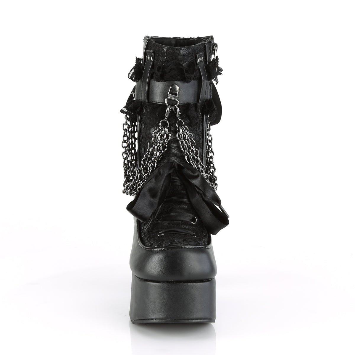 Too Fast | Demonia Charade 110 | Black Vegan Leather &amp; Lace Overlay Women&#39;s Ankle Boots