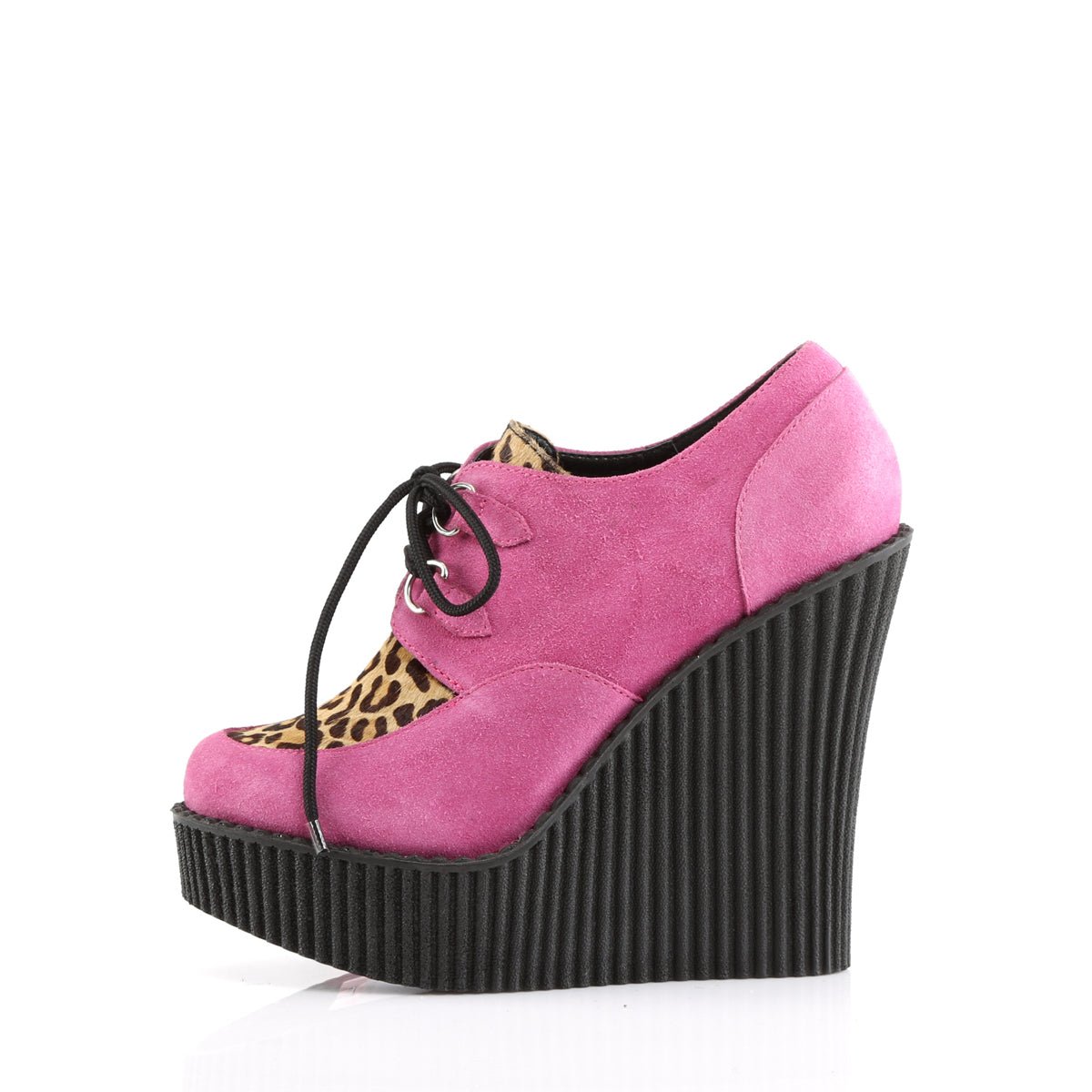 Too Fast | Demonia Creeper 304 | Hot Pink &amp; Leopard Vegan Suede &amp; Pony Women&#39;s Creepers