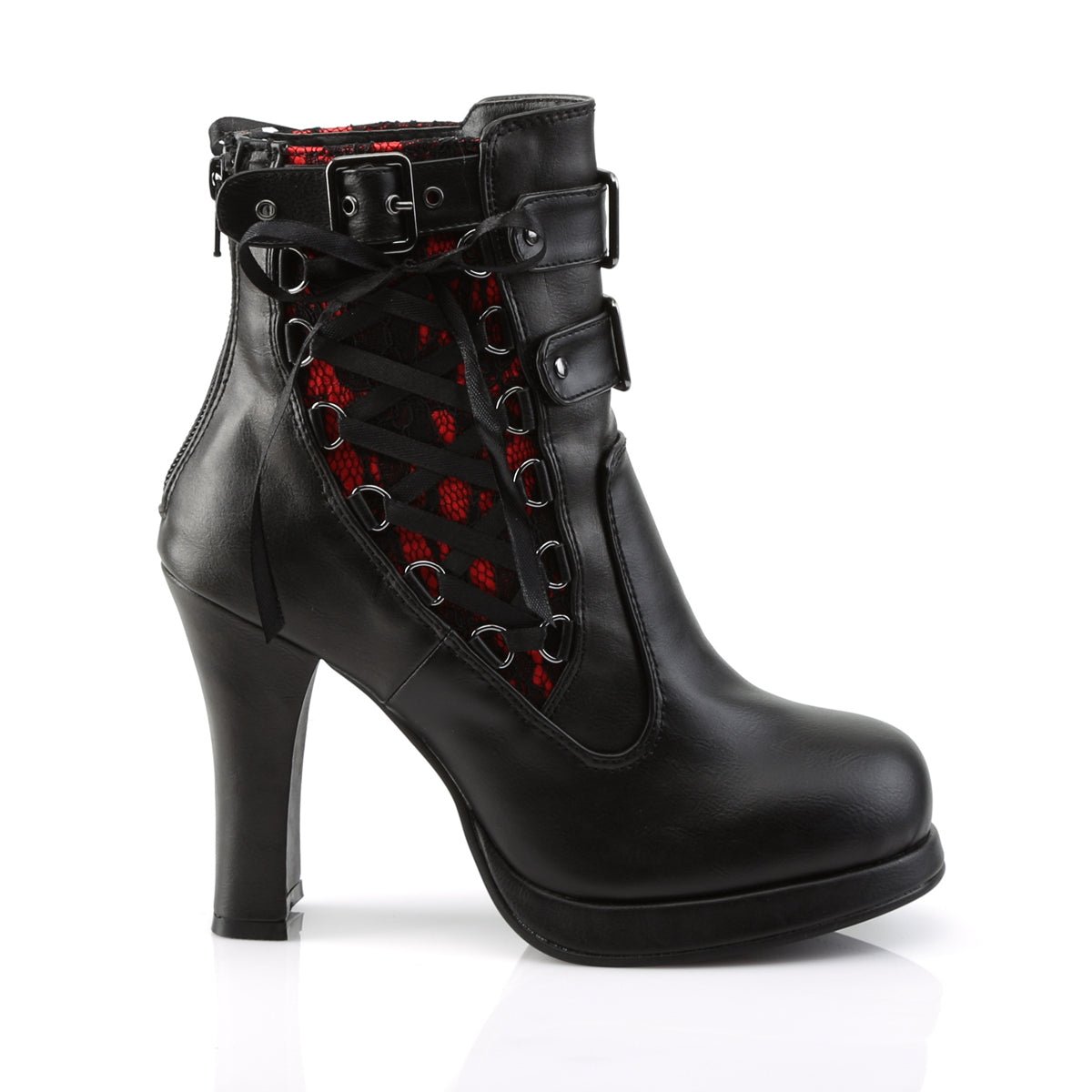 Too Fast | Demonia Crypto 51 | Black &amp; Red Lace &amp; Vegan Leather Women&#39;s Ankle Boots