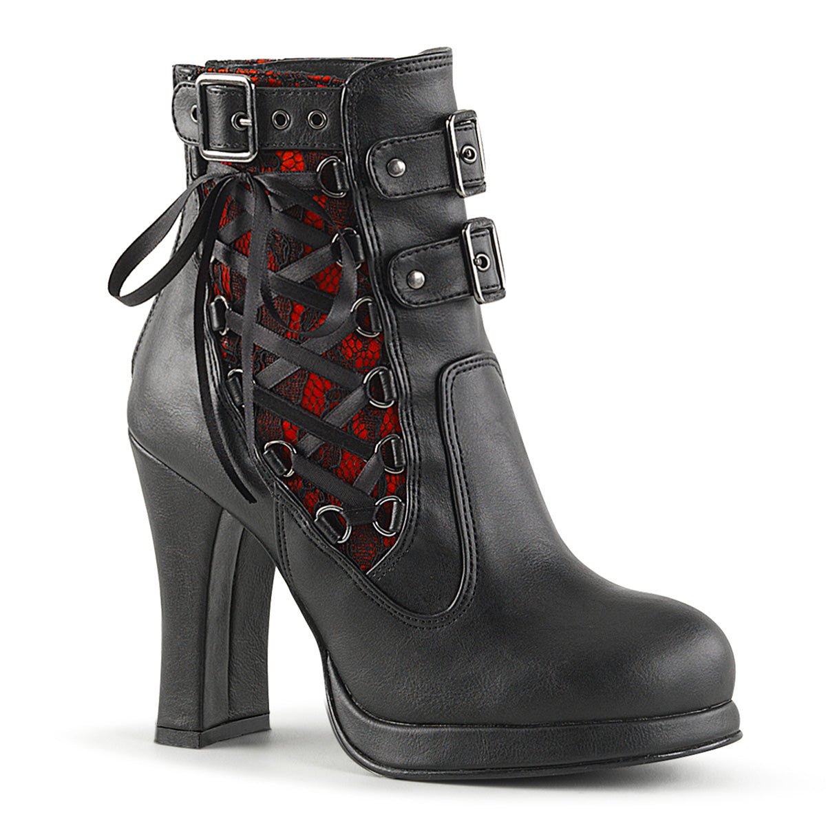 Too Fast | Demonia Crypto 51 | Black &amp; Red Lace &amp; Vegan Leather Women&#39;s Ankle Boots